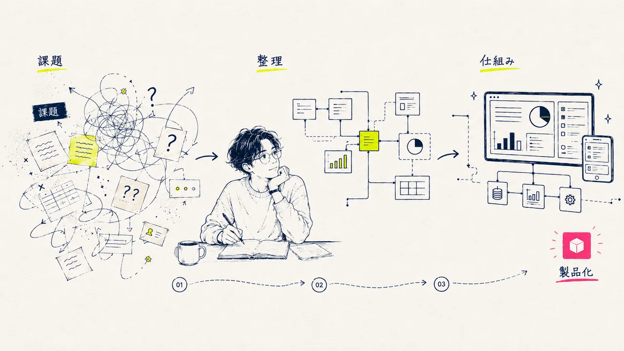 課題発見・仕組み化・製品化の3ステップを示す手描きイラスト