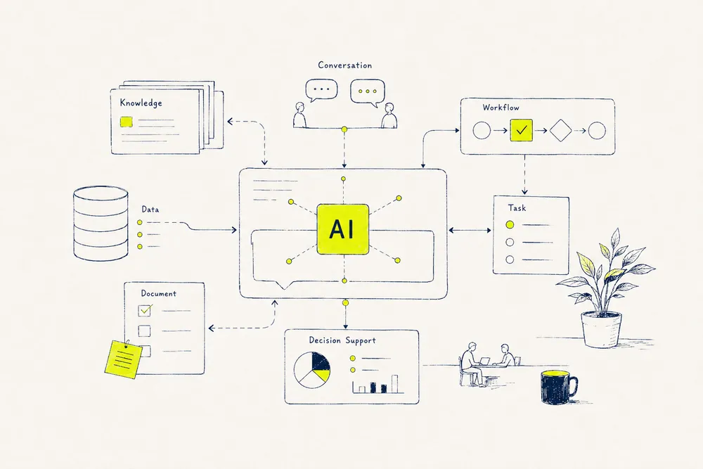 中央のAIから各業務へ接続するAI・LLM活用支援のイメージ